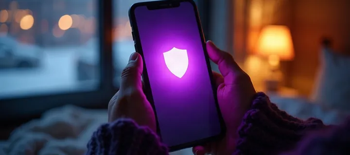 Hands holding a phone with the NvoVPN shield, snow outside the window