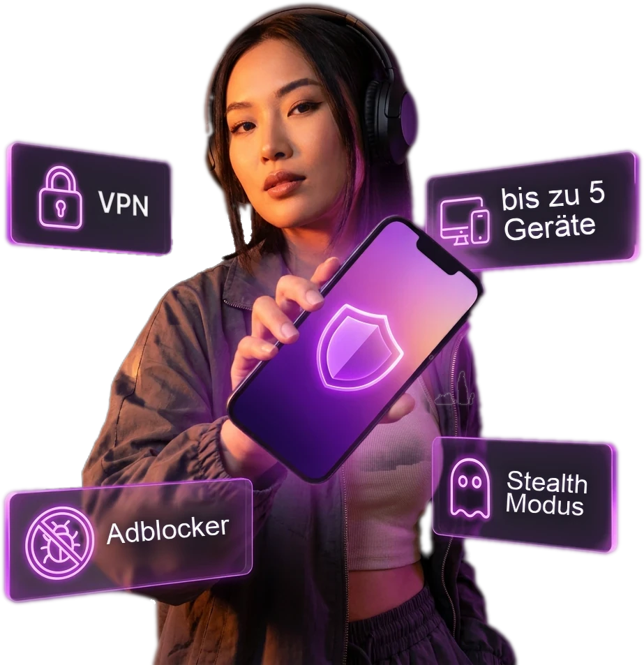 Eine Frau mit Kopfhörern hält ein Handy mit NvoVPN; Neon-Schilder: VPN, bis zu 5 Geräte, Werbeblocker, Stealth-Modus