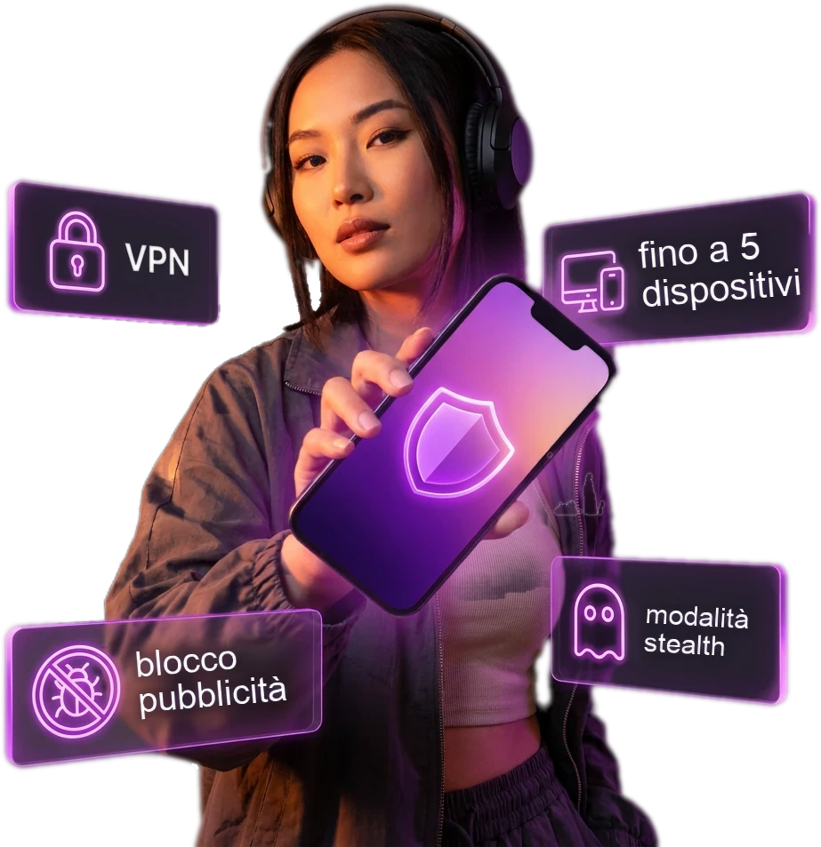 Una donna con le cuffie tiene in mano un telefono con NvoVPN; scritte al neon: VPN, fino a 5 dispositivi, blocco pubblicità, modalità stealth